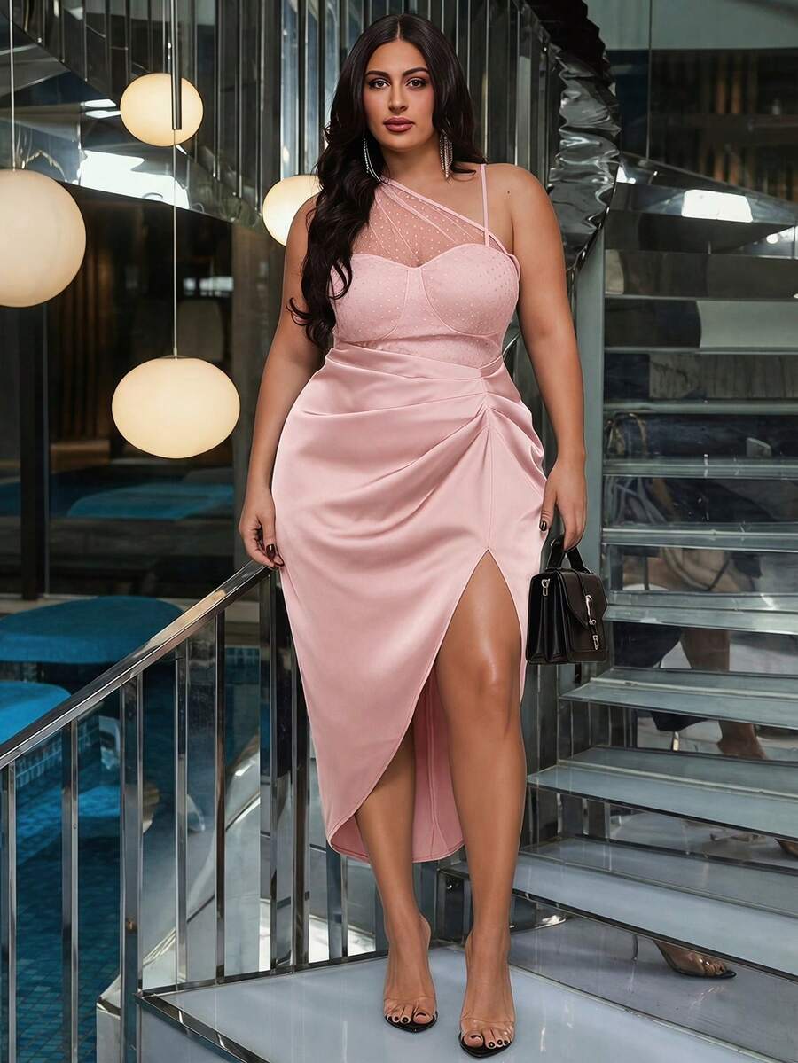 Front view of Elegant Plus Size Black Mesh Slit Hem Midi Dress for Vacations and Celebrations for plus size dress styling