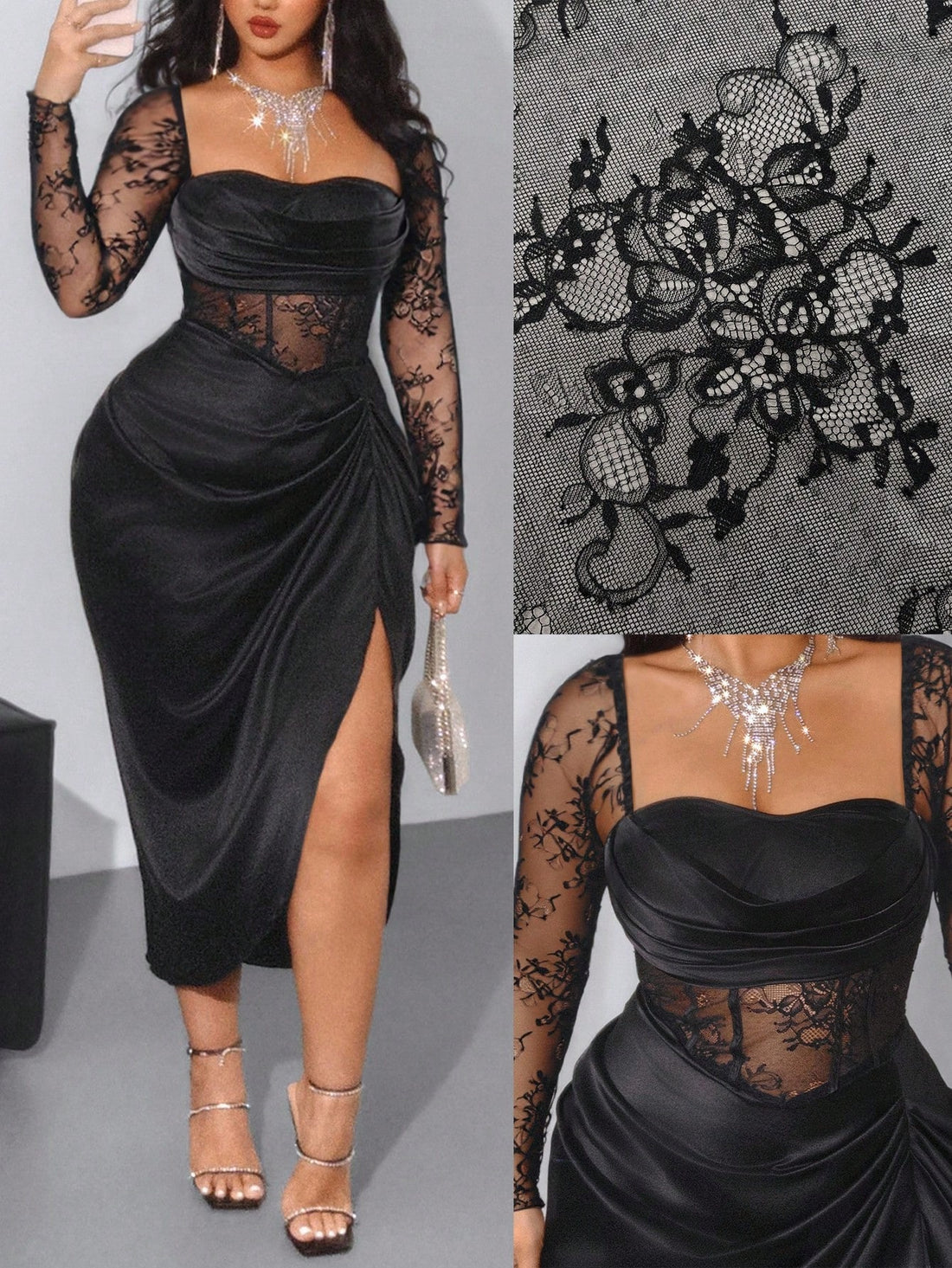 Step into the spotlight with this playful plus size black midi dress, designed to charm with a plunging neckline and delicate lace ruffle details. Perfect for vintage-inspired parties, it combines elegance with a flirty twist, making you feel confident and effortlessly stylish all night long.