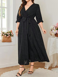 Turn heads with this elegant plus size black midi dress, designed with a flattering V-neck and chic 3/4 sleeves perfect for autumn days and special nights. Its comfortable fit embraces your curves while keeping you stylish through any event. Whether you're enjoying a crisp fall outing or dressing up for a celebration, this dress blends sophistication with a fun, flattering flair.