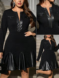Make a statement in this stunning plus-size black party dress that's ready for your next big celebration! Featuring a chic PU panel hem that adds modern flair and texture, this dress combines timeless elegance with contemporary style. The flattering silhouette is designed to celebrate your curves while the rich black hue works beautifully for fall weddings, holiday galas, and special occasions. Whether you're dancing the night away or mingling with guests, you'll feel confident and fabulous in this versatil