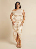 Slip into this elegant plus size black satin maxi dress and let its asymmetric design add a flirty twist to your look. Perfect for romantic evenings or breezy beach vacations, the smooth satin fabric feels as dreamy as it looks. Embrace effortless glamour with a dress that moves with you, making every moment feel special and playful.