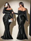 Make a statement at your next formal affair in this stunning black satin evening gown! The off-shoulder design adds a touch of timeless elegance while flattering your silhouette beautifully. Crafted from luxurious satin fabric, this plus-size gown drapes gracefully and moves with you throughout the night. Perfect for galas, weddings, or any special occasion where you want to feel absolutely fabulous. Slip into sophistication and let your confidence shine as bright as you do!