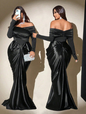Make a statement at your next formal affair in this stunning black satin evening gown! The off-shoulder design adds a touch of timeless elegance while flattering your silhouette beautifully. Crafted from luxurious satin fabric, this plus-size gown drapes gracefully and moves with you throughout the night. Perfect for galas, weddings, or any special occasion where you want to feel absolutely fabulous. Slip into sophistication and let your confidence shine as bright as you do!
