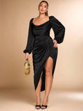 Step into the spotlight with this Elegant Plus Size Black Satin Party Dress! Featuring long sleeves and delicate pleated details, it adds a touch of drama perfect for autumn and winter celebrations. The asymmetrical hem creates a flirty, playful vibe while keeping you cozy and chic all night long. Embrace elegance with a twist and dance the night away in style!