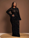 Make a statement in this stunning plus-size maxi dress that perfectly blends sophistication with sass. The sheer black fabric features eye-catching leopard flocking that adds texture and visual interest, while the long sleeves and bodycon silhouette create a flattering, elegant look. Perfect for parties, events, or any occasion where you want to turn heads. This dress celebrates curves with confidence and style, proving that glamour comes in every size.