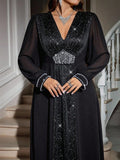 Make a statement in this stunning black V-neck dress that's as fabulous as you are! Featuring elegant pearl details and long sleeves, this plus-size beauty is your go-to for fall weddings, holiday parties, and any formal occasion that calls for sophistication with a wink. The flattering V-neckline and flowing silhouette celebrate your curves while the lustrous pearl accents add that extra touch of glamour. Whether you're dancing at a celebration or turning heads at an event, this dress delivers timeless ele