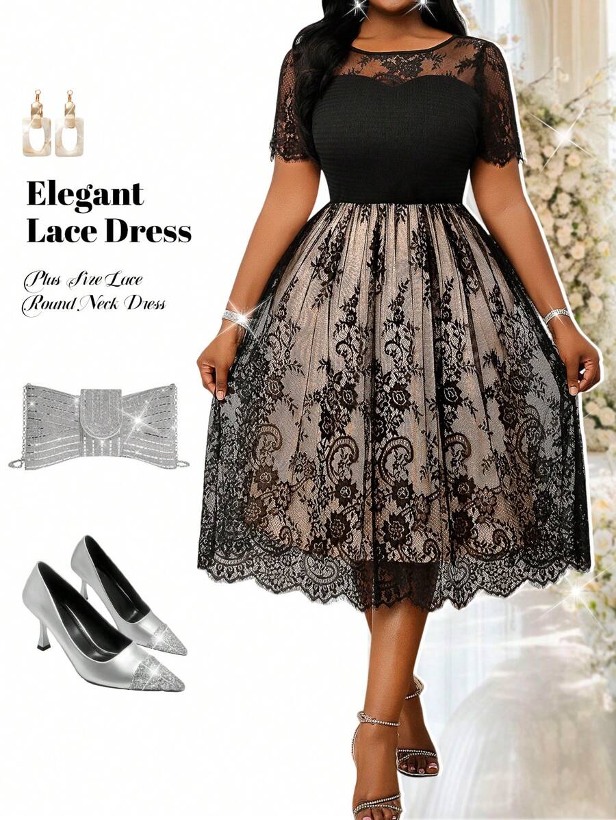 Elegant Plus Size Black and Pink Lace Midi Dress for Fall Weddings and Canary Houze Elegant Plus Size Black and Pink Lace Midi Dress for Fall Weddings and Canary Houze