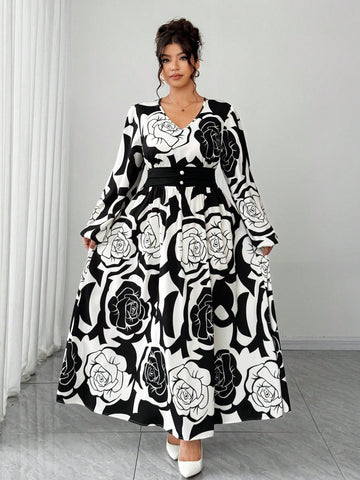 Bloom into elegance with this stunning plus-size dress that's equal parts romantic and refined. The classic black and white rose print brings timeless charm, while the long sleeves and cinched waist create a flattering silhouette that celebrates your curves. Perfect for date nights, special occasions, or whenever you want to feel absolutely fabulous. This dress proves that style has no size limit—slip it on and let your confidence blossom.