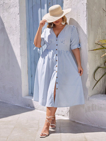 Get ready for some elegant summer style with our Plus Size Blue & White Striped Button-Up Dress! Perfect for those resort days, this dress offers a flattering fit and a playful touch with its striped design. Stand out in the crowd and stay cool in this must-have dress!