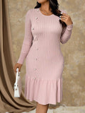 Step into cozy charm with this Elegant Plus Size Bodycon Sweater Dress. Designed to hug your curves comfortably, it features a flirty ruffle hem and chic button details that add playful flair to your winter and fall wardrobe. Perfect for layering or wearing solo, this dress keeps you warm while turning heads with effortless style. Embrace the season with confidence and fun!