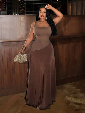 Step into the spotlight with this Elegant Plus Size Brown A-Line Maxi Dress, featuring a flirty asymmetric hem that adds a fun twist to classic style. Perfect for parties and special occasions, its flowing silhouette flatters your curves while keeping you comfy all night. Dress up, twirl, and let your confidence shine in this playful yet sophisticated look!