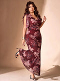 Full-length front view of burgundy floral mermaid maxi dress with draped cowl neckline and shoulder ties