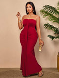 Make a statement in this stunning burgundy strapless bodycon maxi dress, designed for curves and confidence. The ruched mermaid silhouette hugs your figure beautifully while the flowing skirt creates an elegant, dramatic finish perfect for weddings, evening parties, and summer celebrations. Crafted for plus-size figures, this dress features a supportive strapless neckline and strategic ruching that flatters and defines. 