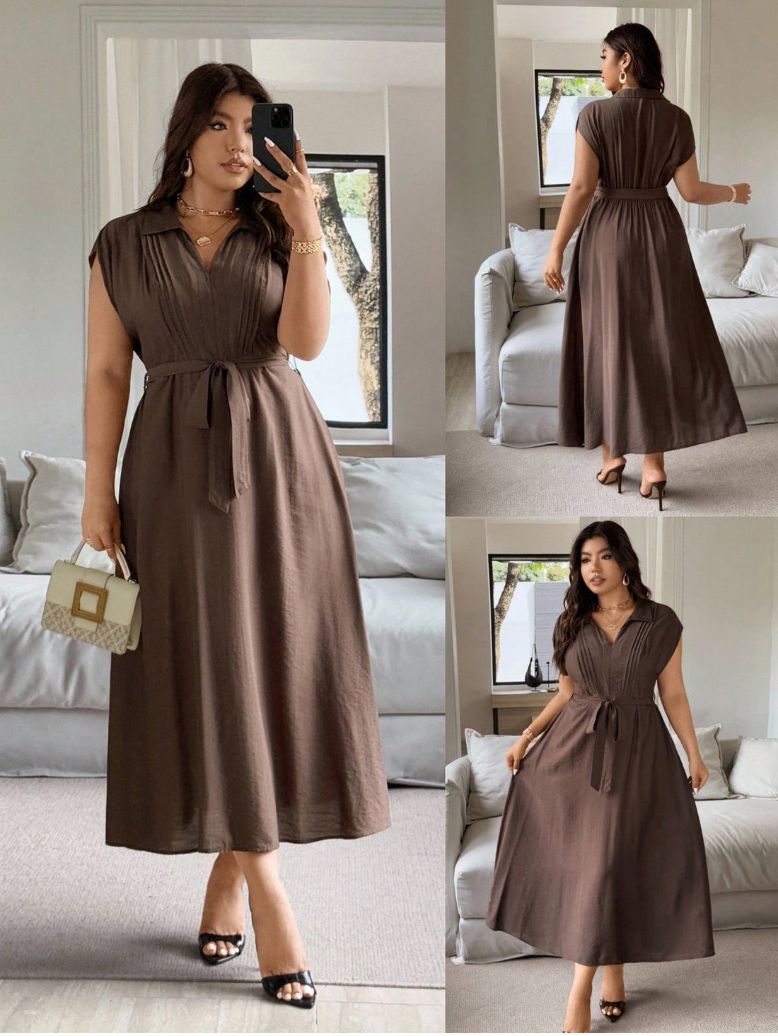 Step out in style with this playful plus size casual shirt dress in a rich coffee hue. Featuring short sleeves and a flattering waist tie, it effortlessly balances comfort and chic—perfect for conquering the workday or enjoying a sunny vacation. Add a dash of charm to your wardrobe with this versatile, easy-to-wear dress that celebrates your curves with confidence.