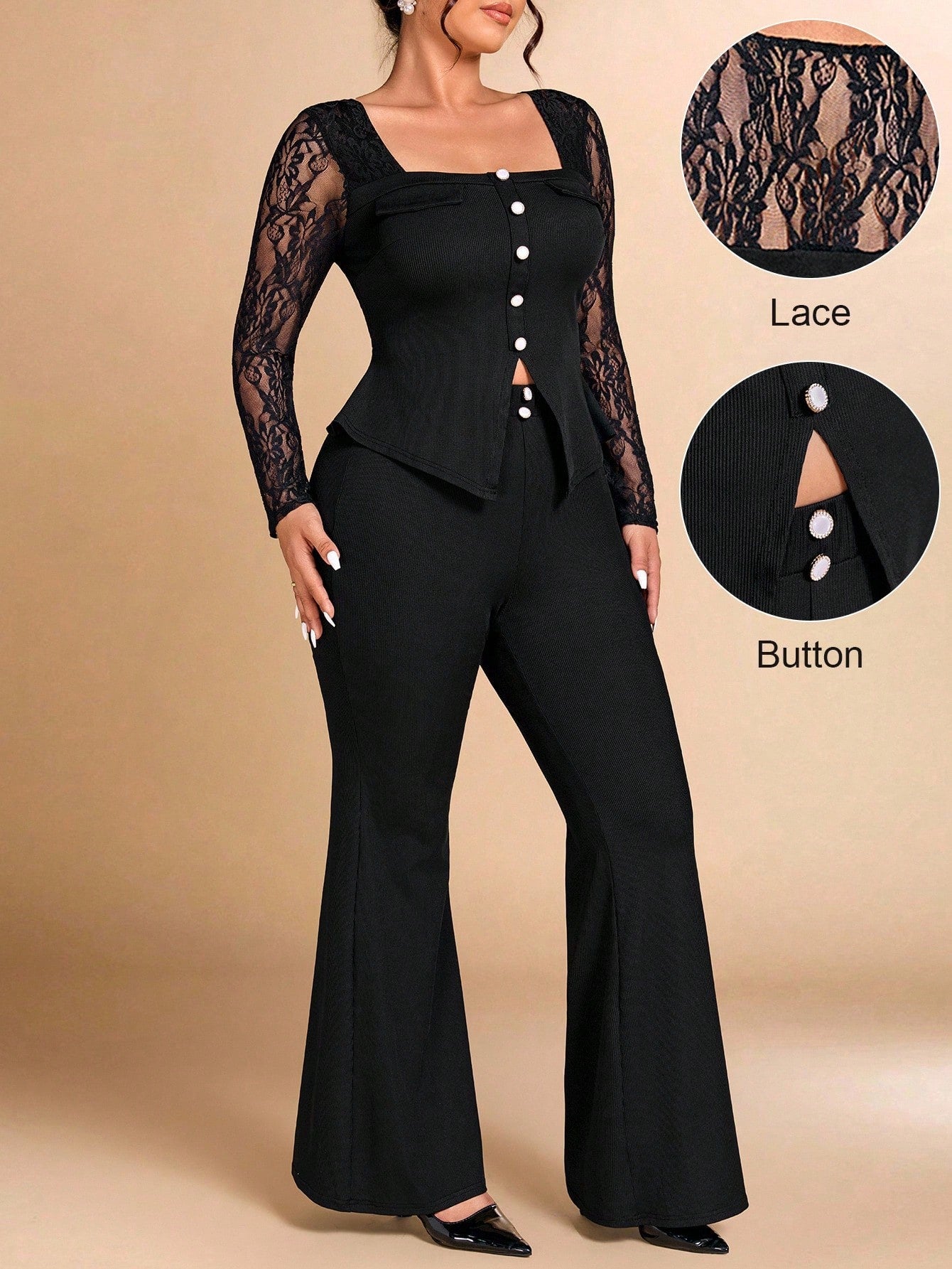 Celebrate the season in style with this stunning two-piece set designed for the modern woman. The elegant lace patchwork top features intricate detailing that catches the light beautifully, while the flared pants create a flattering silhouette that moves with grace. Perfect for holiday parties, festive gatherings, or simply spreading Christmas cheer wherever you go. This playful yet sophisticated ensemble combines comfort with undeniable glamour, making you feel confident and fabulous from the office party 