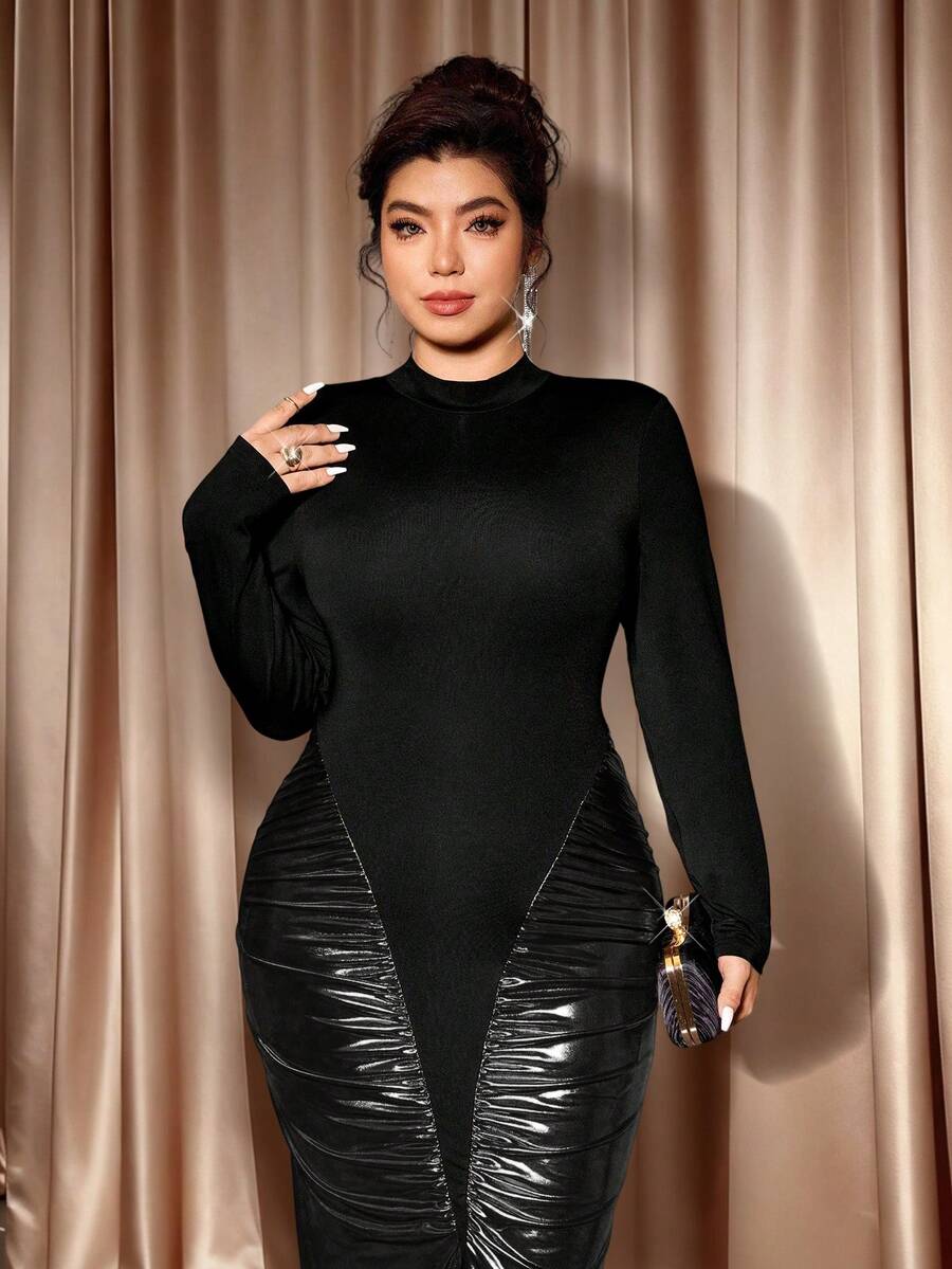 Make a statement this season in our stunning color block fishtail dress! This plus-size beauty features a chic high neckline and flattering ruched detailing that hugs your curves in all the right ways. The dramatic fishtail hem adds movement and elegance, perfect for holiday parties, festive gatherings, and special occasions. The bold color blocking creates visual interest while the thoughtful construction ensures you'll feel confident and fabulous all night long. Dress it up with heels and jewelry for an u