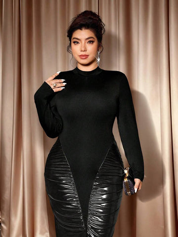 Make a statement this season in our stunning color block fishtail dress! This plus-size beauty features a chic high neckline and flattering ruched detailing that hugs your curves in all the right ways. The dramatic fishtail hem adds movement and elegance, perfect for holiday parties, festive gatherings, and special occasions. The bold color blocking creates visual interest while the thoughtful construction ensures you'll feel confident and fabulous all night long. Dress it up with heels and jewelry for an u