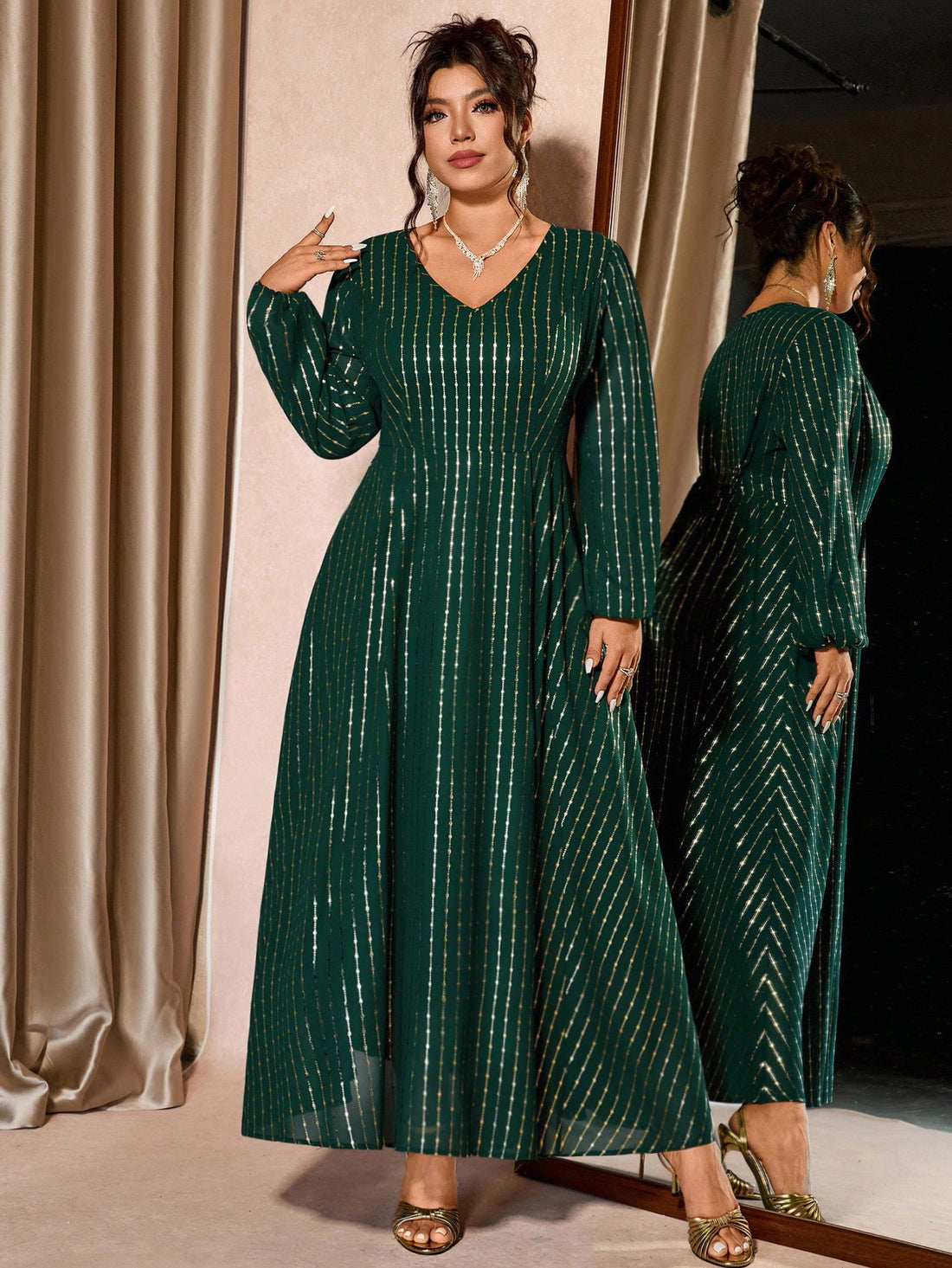 Step into the spotlight this holiday season in a dress that's as fabulous as you are! This elegant plus-size party dress features a classic crew neckline and long sleeves for timeless sophistication, while a shimmering foil hem adds that show-stopping sparkle perfect for Christmas celebrations. The flattering silhouette is designed to make you feel confident and radiant all night long. Whether you're dancing at a festive gathering or toasting to the season, this luxe piece transforms any occasion into a gla