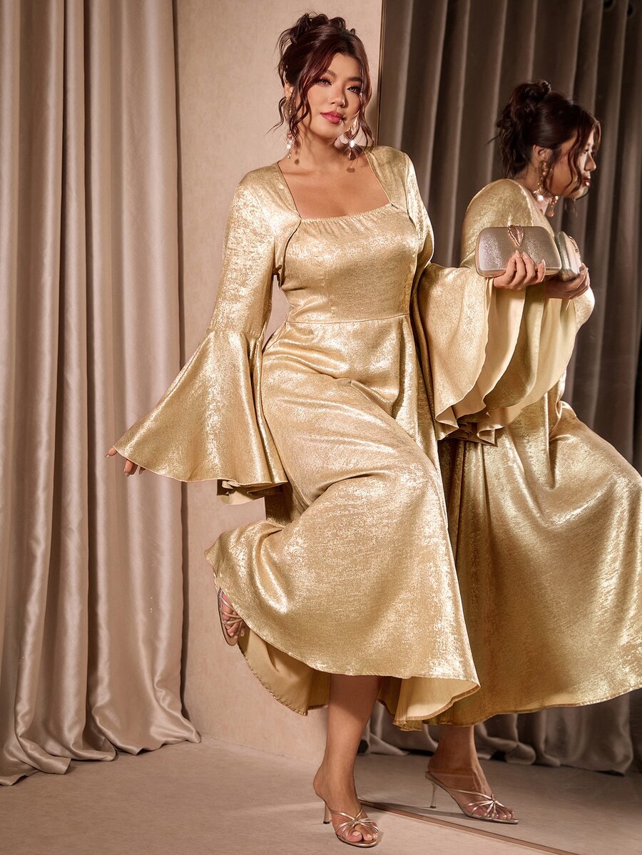 Front view of plus-size metallic gold gown with square neck and dramatic bell sleeves