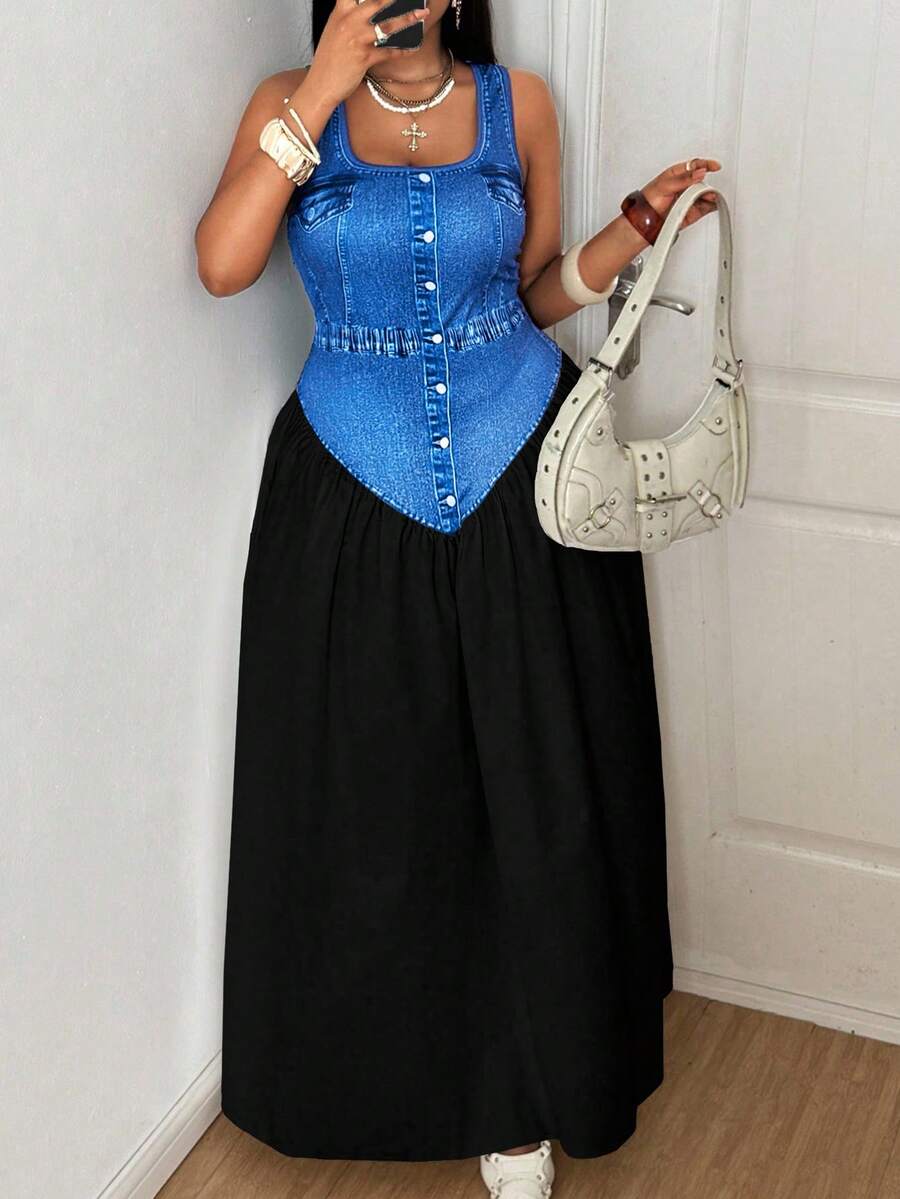 Elevate your evening wardrobe with this sophisticated plus-size maxi dress, designed for those who appreciate refined style. The striking colorblock pattern combines faux denim texturing with complementary hues, creating visual interest while maintaining an understated elegance. The flowing maxi silhouette flatters all figures, offering both comfort and grace for weddings, formal dinners, and special occasions. Premium fabric construction ensures durability and a polished appearance throughout the night. Pe