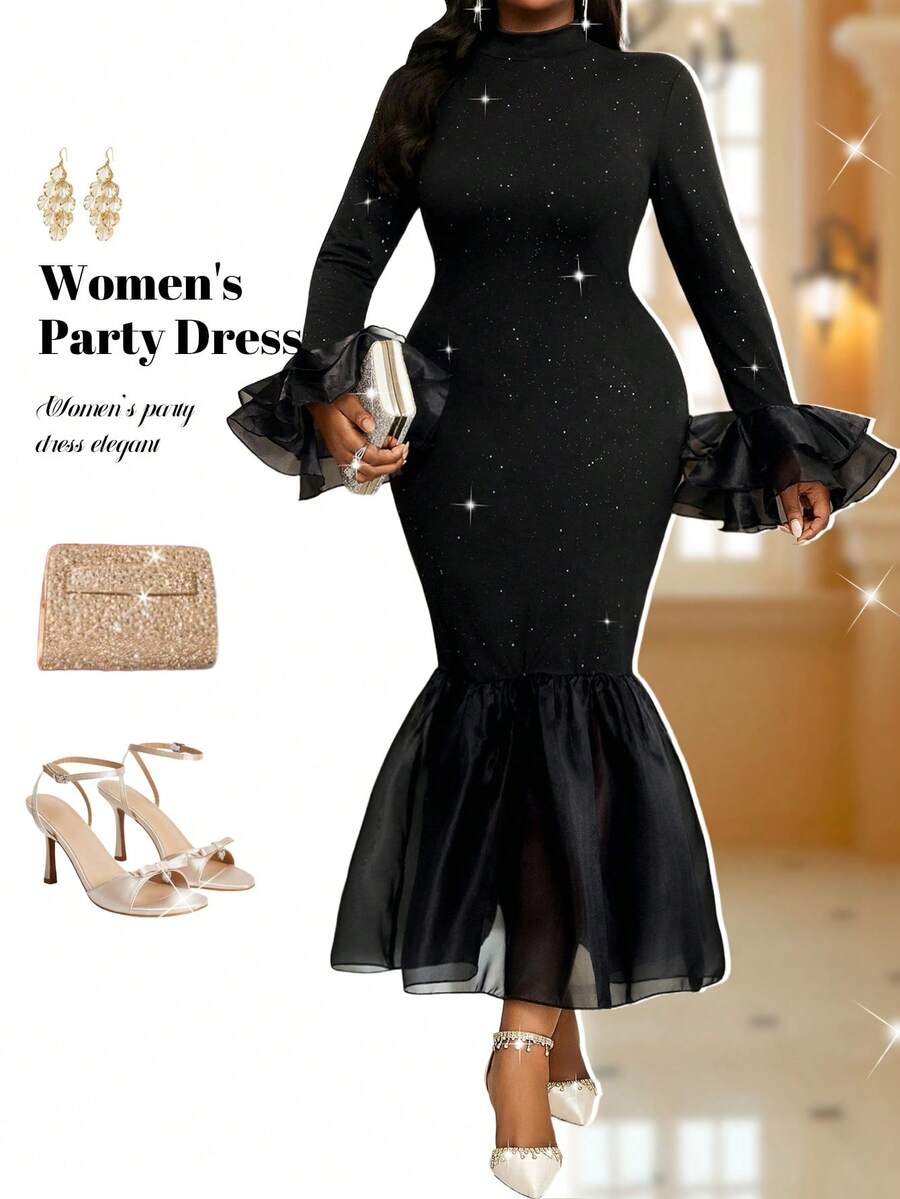 Make a statement at your next celebration in this show-stopping fishtail dress! The dramatic flare sleeves add movement and flair, while the fitted bodice flatters your curves beautifully. The fishtail hem creates an elegant silhouette that's perfect for parties, weddings, or any special occasion where you want to turn heads. Crafted for plus-size figures, this dress celebrates your style with confidence and grace. Slip it on and prepare for compliments!