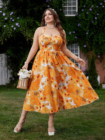 Embrace vacation vibes with this flirty floral halter dress! Designed specifically for plus-size figures, the backless design adds a touch of sass while keeping you cool on sunny days. The elegant silhouette effortlessly transitions from beachside lounging to evening cocktails—just slip it on and let the compliments roll in! No fuss, all fabulous.