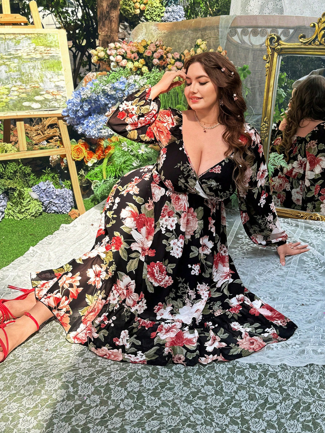 Get ready to turn heads in this elegant floral midi dress! Made with beautiful chiffon fabrics and featuring a square neck and long sleeves, this vintage resort style dress is perfect for any woman looking to make a statement. Plus, with its flattering plus size fit, you'll feel confident and chic all day long. (Chic, elegant, head-turning statement piece for plus size ladies. Perfect for resort wear. Turn heads and feel confident in this vintage dress.)