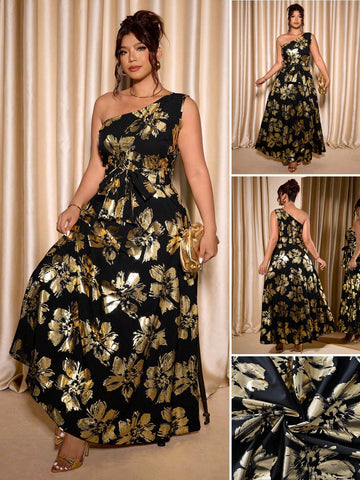 Make a statement in this stunning plus-size party dress that's equal parts sophisticated and fun! The eye-catching floral foil print brings vibrant energy, while the asymmetric neckline with tie detail adds an unexpected twist of elegance. The flared hem creates a flattering silhouette that moves beautifully with you. Perfect for celebrations, date nights, or whenever you want to feel fabulous and confident. This dress proves that style has no size limit—embrace your curves and shine!