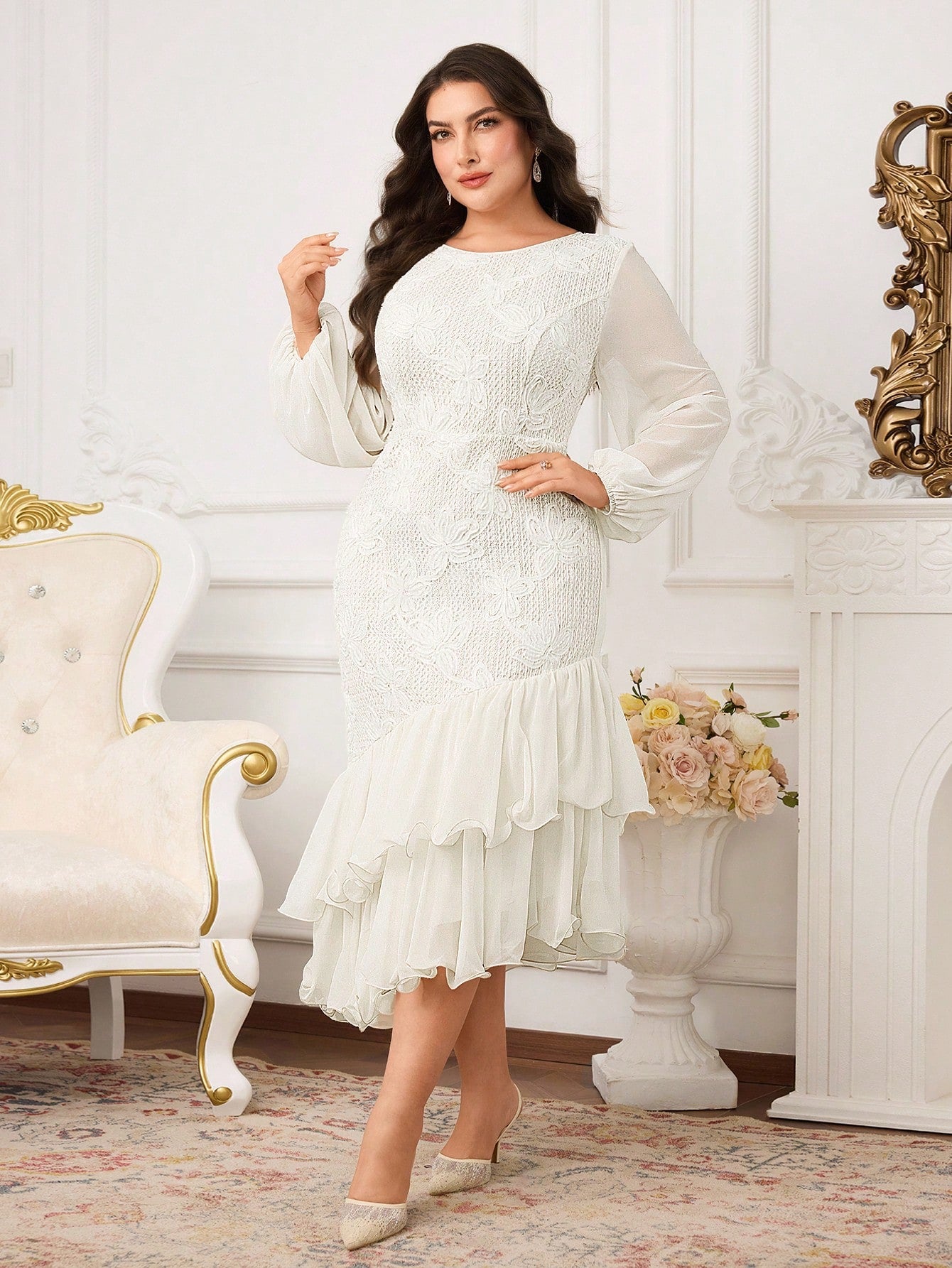 Twirl into elegance with this stunning plus-size floral jacquard dress that celebrates curves with style. The romantic lantern sleeves add a whimsical touch, while the fishtail hem creates a dramatic, flattering silhouette that turns heads. Crafted from luxurious jacquard fabric, this dress features intricate floral patterns that bring sophistication to any occasion. Perfect for date nights, celebrations, or whenever you want to feel absolutely fabulous. Slip it on and let your confidence shine as bright as