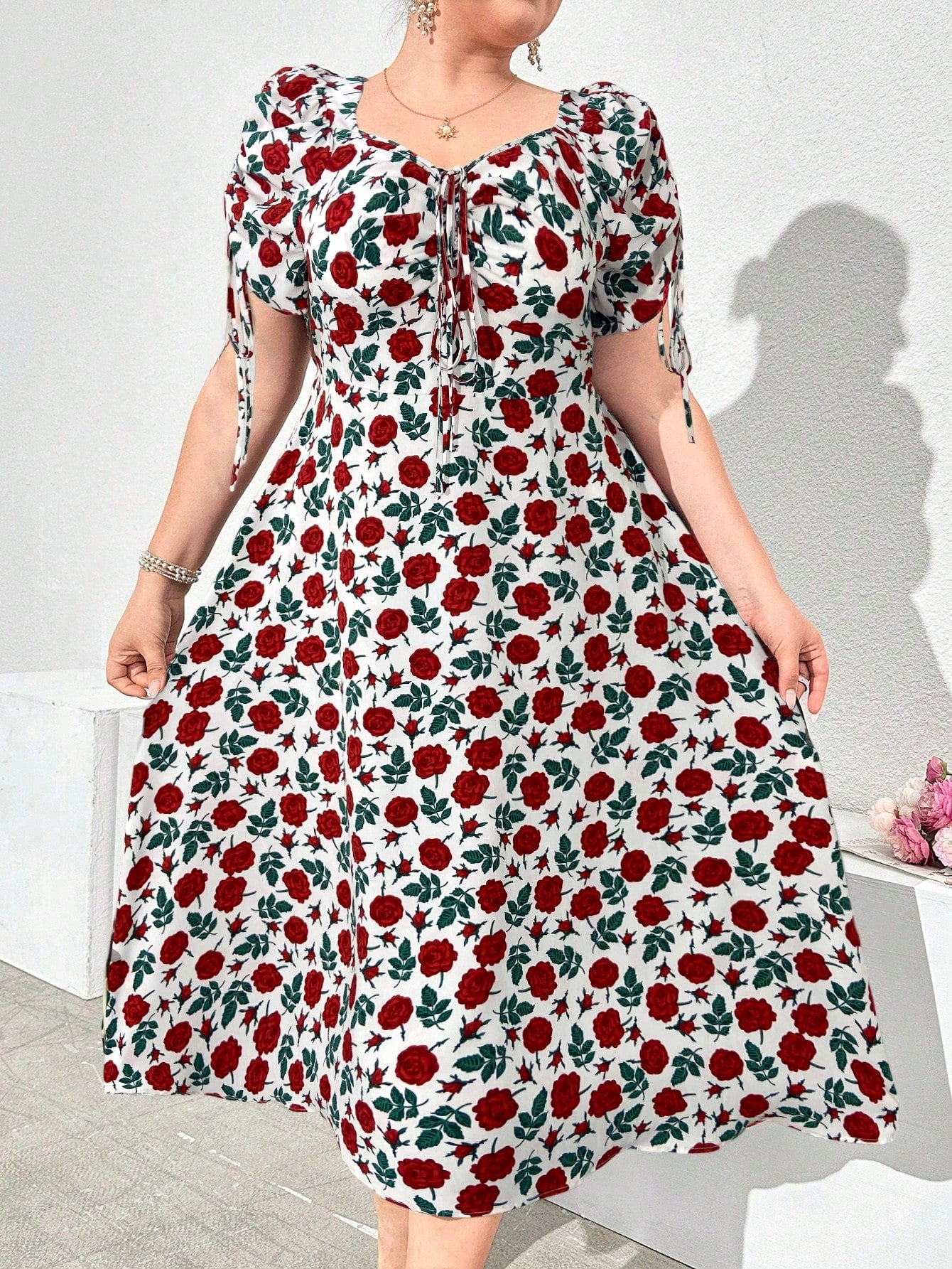Elegant Plus Size Floral Maxi Dress with Sweetheart Neckline and Puff ...