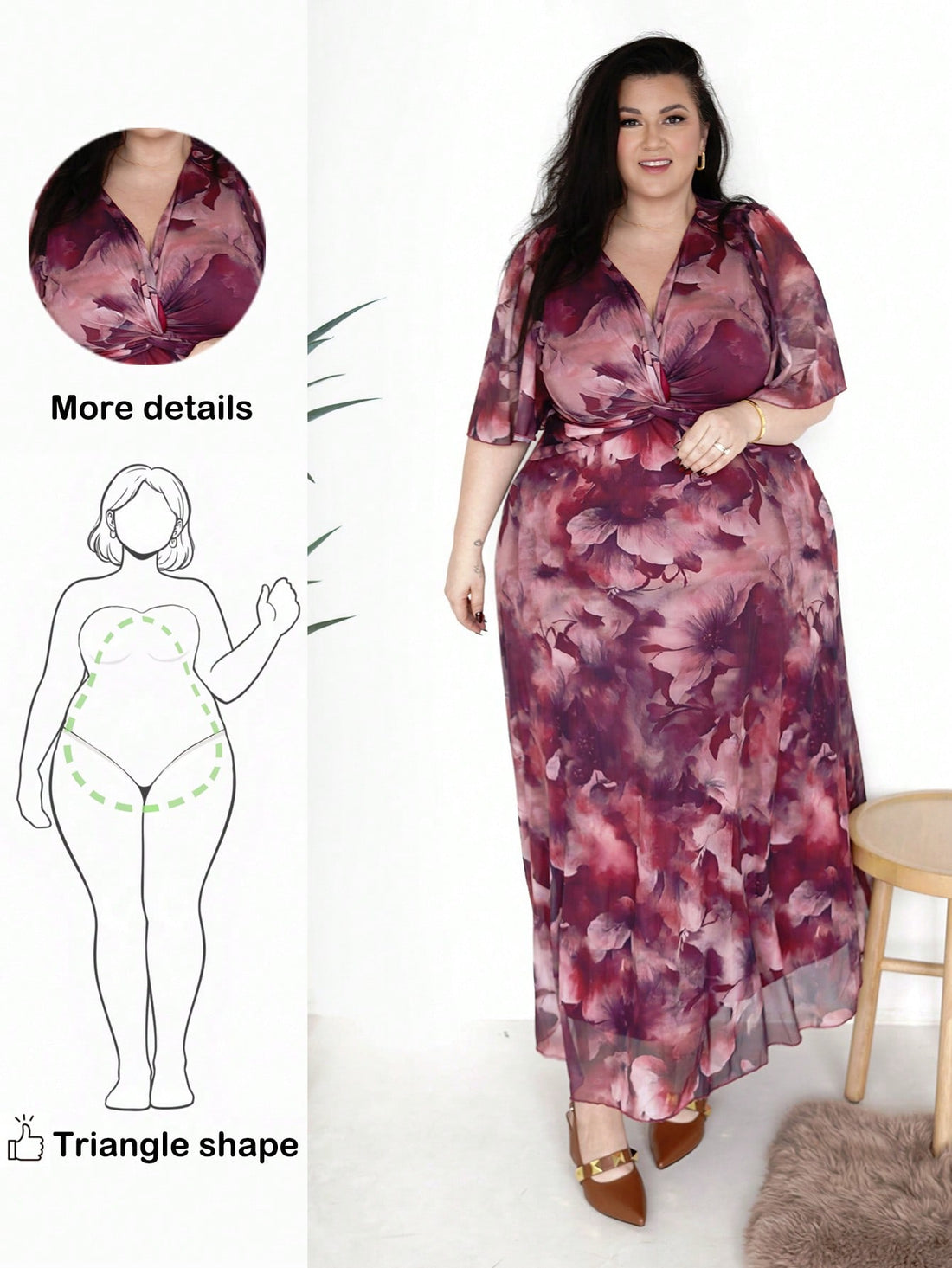 Celebrate your curves with this stunning floral midi dress designed specifically for pear-shaped figures! The clever twist-front detail creates a flattering focal point at the waist while skimming beautifully over the hips and thighs. Crafted in a generous plus-size fit, this dress combines elegance with comfort, featuring a flowing midi length that elongates your silhouette. The vibrant floral print adds personality and charm to any occasion—from brunch dates to garden parties. Slip it on and feel confiden
