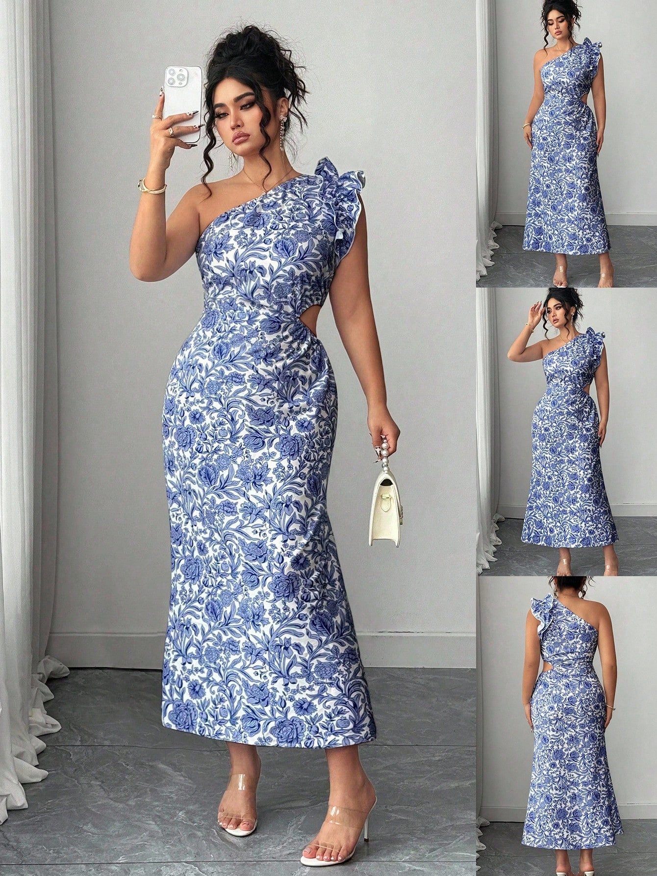 Step into charm with this Elegant Plus Size Floral Print Asymmetrical Dress. Its playful floral pattern and unique asymmetrical hem create a flirty silhouette, while the stylish shoulder detail adds a touch of sass. Perfect for turning heads at any event, this dress combines comfort and confidence in one fabulous look.