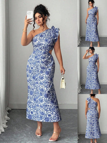 Step into charm with this Elegant Plus Size Floral Print Asymmetrical Dress. Its playful floral pattern and unique asymmetrical hem create a flirty silhouette, while the stylish shoulder detail adds a touch of sass. Perfect for turning heads at any event, this dress combines comfort and confidence in one fabulous look.