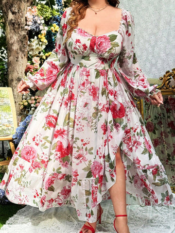 Get ready to feel fabulous in our Elegant Plus Size Floral Print Chiffon Dress! This stunning dress features a playful floral print and oh-so-chic ruffle trim, perfect for adding a touch of whimsy to any occasion. With its elegant chiffon fabric and flattering split hem, you'll be turning heads and feeling amazing in no time!