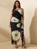 Embrace charm and comfort in this elegant plus size floral dress, designed to make you feel fabulous at any romantic party or holiday gathering. The playful ruffle hem adds a flirty touch, while delicate mesh straps create a light, airy feel. Perfect for dancing the night away or enjoying special moments, this dress blends style and ease effortlessly for your unforgettable celebrations.