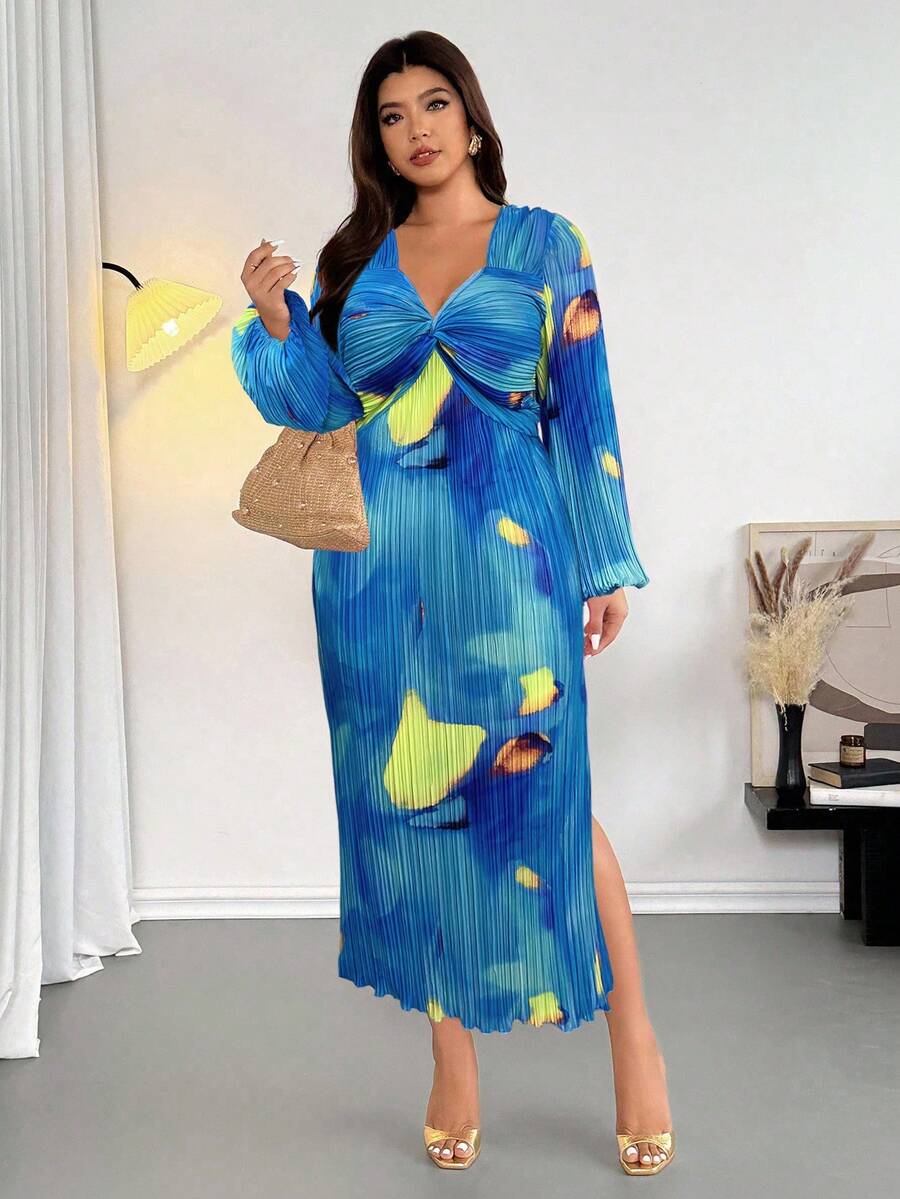 This elegant plus-size dress features a graceful floral print complemented by romantic lantern sleeves, offering both style and comfort. The twist knot detail at the waist enhances your silhouette, creating a flattering fit perfect for wedding guests. Designed to combine sophistication with ease, this dress ensures you look polished and feel confident at any formal occasion.