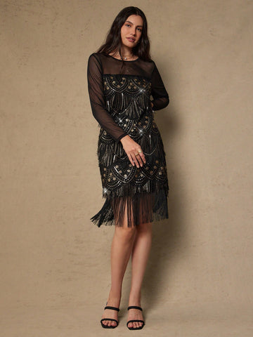 Make a statement in this stunning plus-size floral sequin dress that's equal parts glamorous and fun! The shimmering sequin details catch the light beautifully, while delicate floral patterns add romantic charm. Long sleeves provide elegant coverage, and the playful tassel hem brings movement and personality to every step. Perfect for special occasions, nights out, or whenever you want to feel absolutely fabulous. Designed to celebrate your curves with confidence and style.