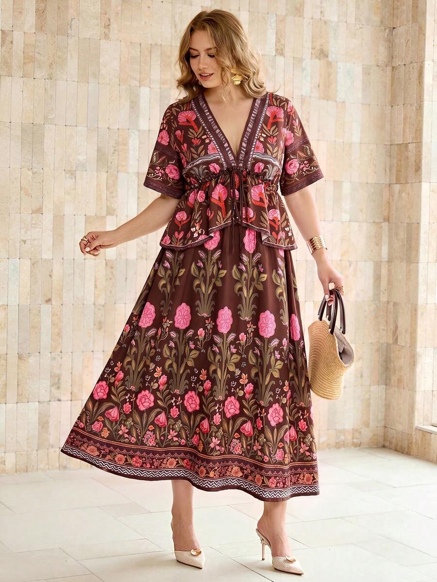 Shop elegant plus size floral Two-Piece Outfits with a V-neck blouse and loose skirt. A feminine, versatile set for summer, vacations, brunch, and parties.

