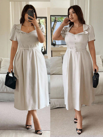 Step into spring and summer celebrations with this elegant plus size French maxi dress. Featuring a flattering V-neck and a ruched waist, it beautifully enhances your curves while providing all-day comfort. Its flowing length and sophisticated design make it perfect for garden parties, weddings, or any sunny occasion where you want to shine with playful grace. Embrace effortless style and feel fabulous every time you wear it.