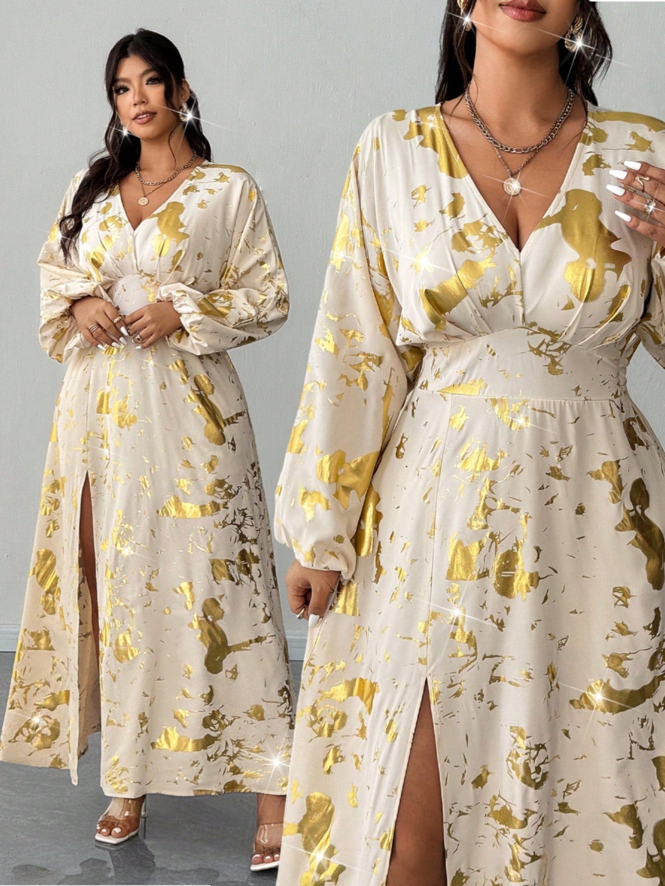 Elevate your wardrobe with this stunning plus-size maxi dress that's pure gold—literally! The shimmering gold foil detailing catches the light beautifully, while the flattering V-neckline draws the eye upward. Perfect for spring getaways and autumn adventures, this resort-ready piece transitions seamlessly from beachside brunches to evening soirées. The flowing maxi silhouette skims your curves in all the right ways, offering comfort without compromising on style. Whether you're lounging poolside or explori