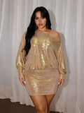Front view of a gold metallic-look mini dress with asymmetric one-shoulder neckline and draped batwing sleeves for party styling