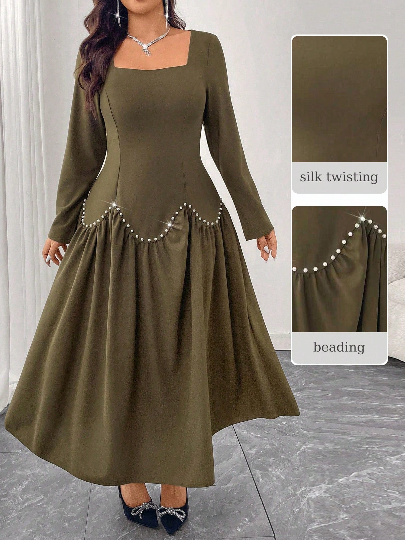 Make a statement in this stunning plus-size green A-line dress that's equal parts sophisticated and fun! The flowing silhouette flatters every curve, while delicate pearl embellishments add just the right touch of glamour. Long sleeves keep things elegant and versatile, perfect for everything from dinner dates to special occasions. You'll feel confident, comfortable, and absolutely fabulous in this wardrobe essential that celebrates your style with playful sophistication.