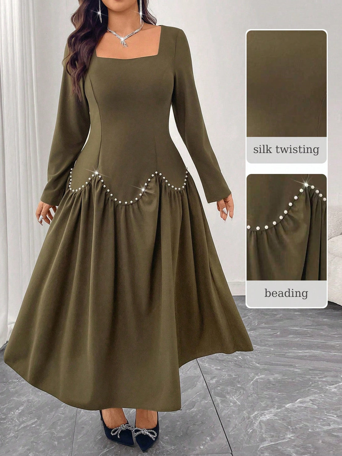 Make a statement in this stunning plus-size green A-line dress that's equal parts sophisticated and fun! The flowing silhouette flatters every curve, while delicate pearl embellishments add just the right touch of glamour. Long sleeves keep things elegant and versatile, perfect for everything from dinner dates to special occasions. You'll feel confident, comfortable, and absolutely fabulous in this wardrobe essential that celebrates your style with playful sophistication.