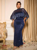 Get ready to turn heads in this sparkling sequin dress set for curvy ladies. Perfect for a romantic evening or a Halloween costume, this set includes a gorgeous cape for added drama. Feel elegant and confident in this unique and eye-catching outfit.