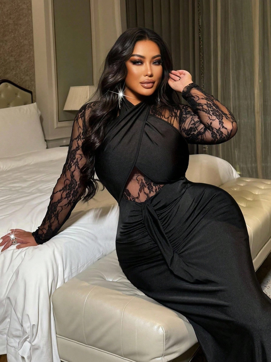 Turn heads effortlessly in this Elegant Plus Size Halter Neck Lace Dress! The delicate lace and flirty ruffle fishtail hem add a touch of whimsy, while the halter neck highlights your shoulders beautifully. Designed for special occasions, this dress combines comfort and style so you can dance the night away with confidence and flair. Celebrate your curves with a playful twist on classic elegance!