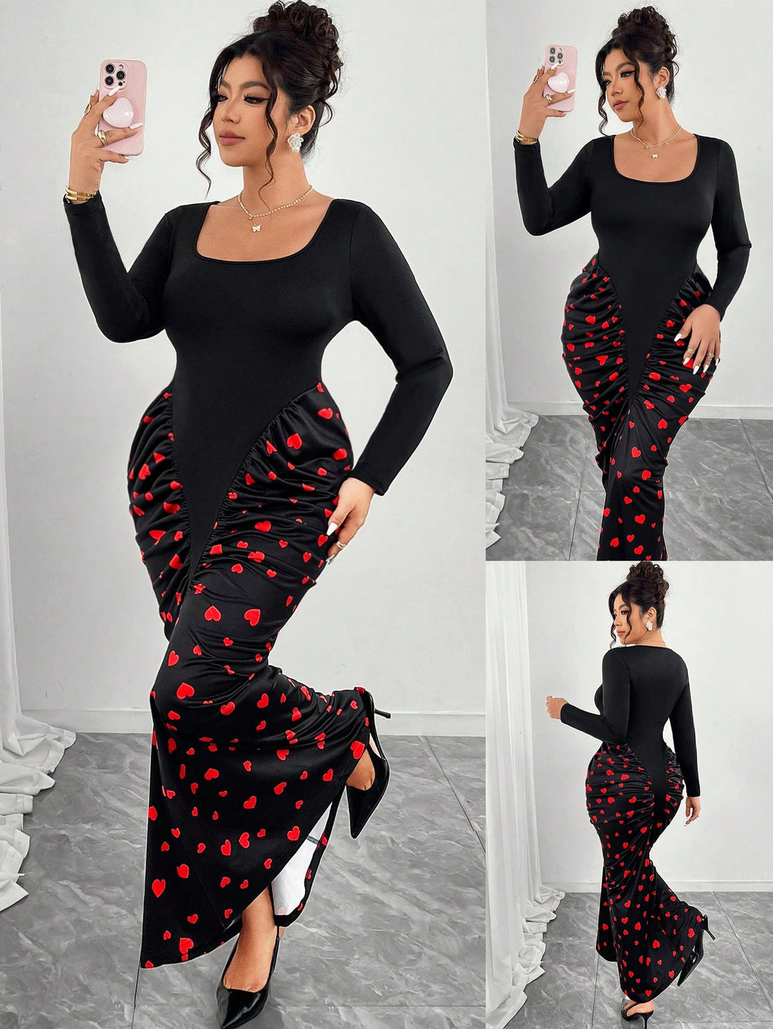 Celebrate love in style with this stunning plus-size maxi dress, featuring an enchanting heart print that steals the show. The flowing silhouette flatters every curve while the romantic design makes it perfect for date nights, anniversaries, and special gatherings. Crafted for comfort and confidence, this dress transitions effortlessly from intimate dinners to festive celebrations. Whether you're dancing the night away or enjoying a cozy evening out, this charming piece brings joy and elegance to any occasi