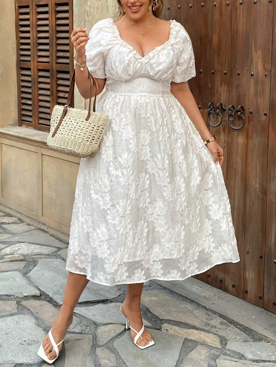 Elegant plus size jacquard dress with ruffle details and puff sleeves. A chic choice for weddings, parties, dinners, celebrations, and dressy events.