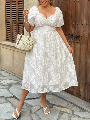 Elegant plus size jacquard dress with ruffle details and puff sleeves. A chic choice for weddings, parties, dinners, celebrations, and dressy events.