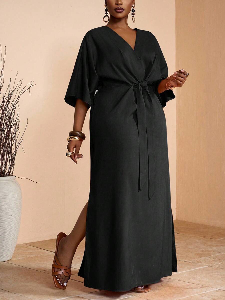 Step into the sunny season with this Elegant Plus Size Khaki V-Neck Maxi Dress! Featuring a breezy slit hem and a flattering waist tie, it's perfect for twirling through spring and summer days in style. The soft khaki shade adds a touch of natural charm while the V-neckline keeps things flirty and fresh. Comfortable yet chic, this dress is your new go-to for effortless elegance with a playful twist.