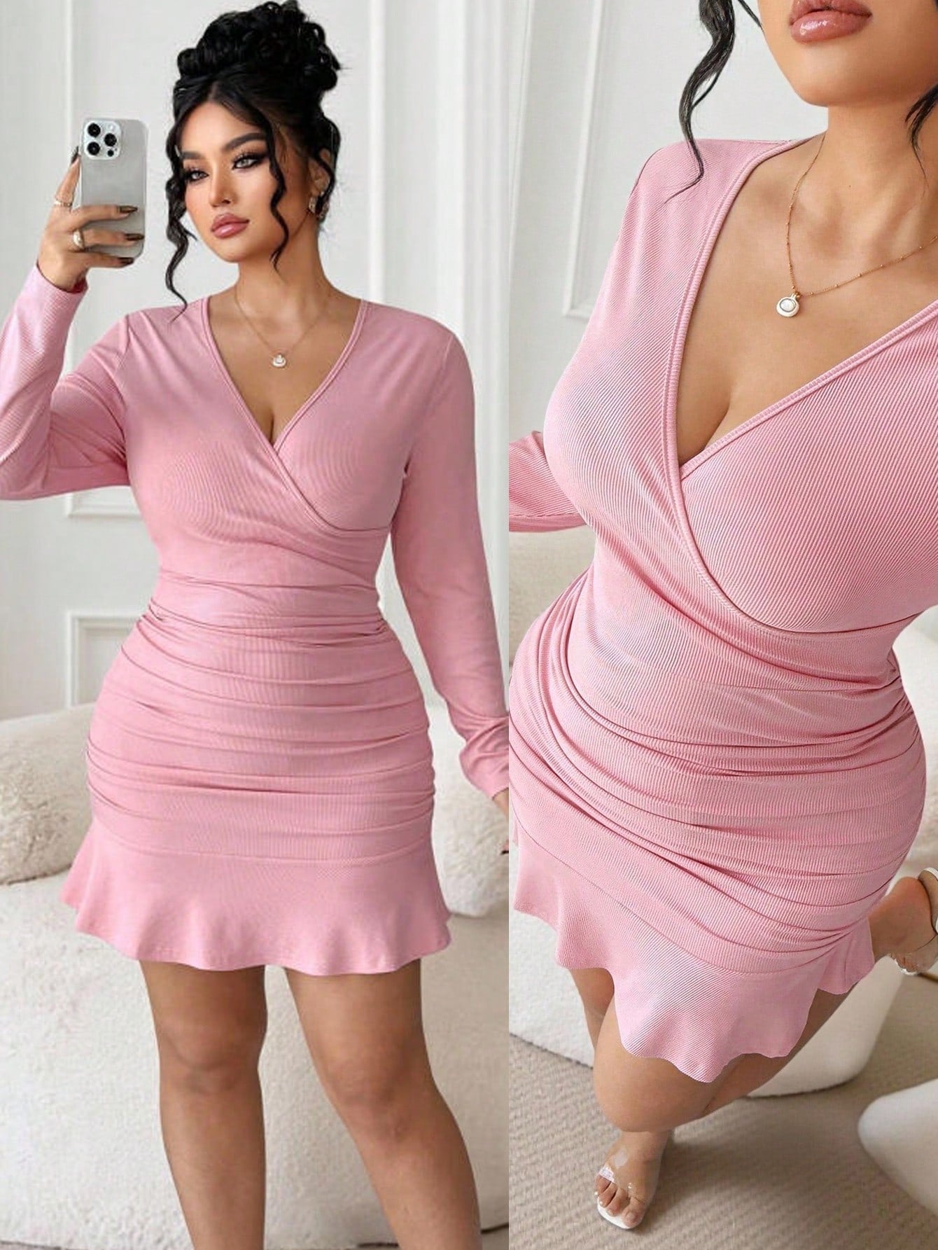 Slip into effortless sophistication with this stunning plus-size bodycon dress that hugs you in all the right ways. The flattering V-neckline and long sleeves strike the perfect balance between chic and comfortable, while the premium knit fabric moves with you throughout your day. Whether you're heading to the office, catching up with friends, or celebrating the holidays, this versatile piece transitions seamlessly from one occasion to the next. Dress it up with heels and statement jewelry or keep it casual